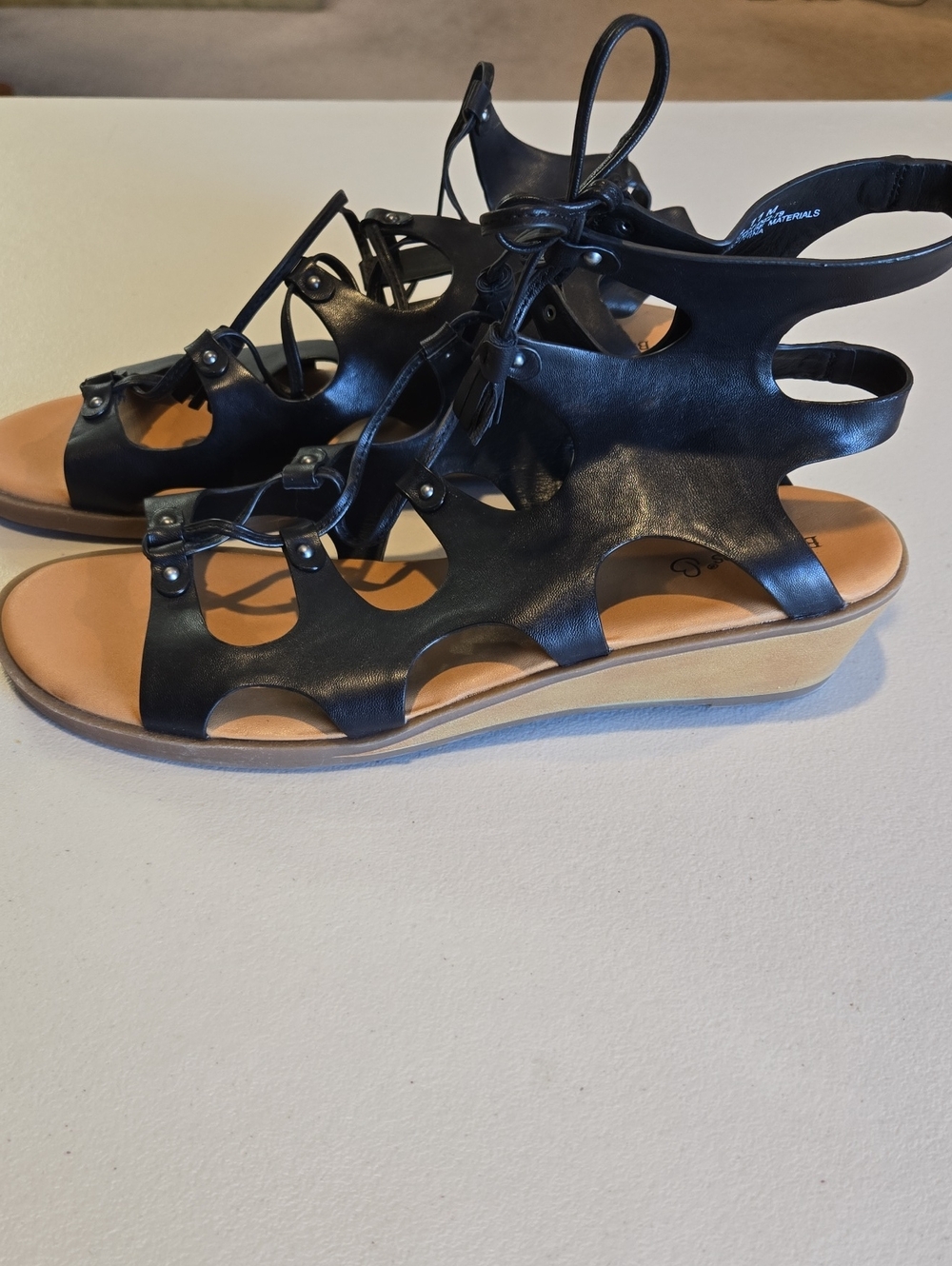 Black Leather Lace-Up Gladiator Sandal Wedge By BARETRAPS